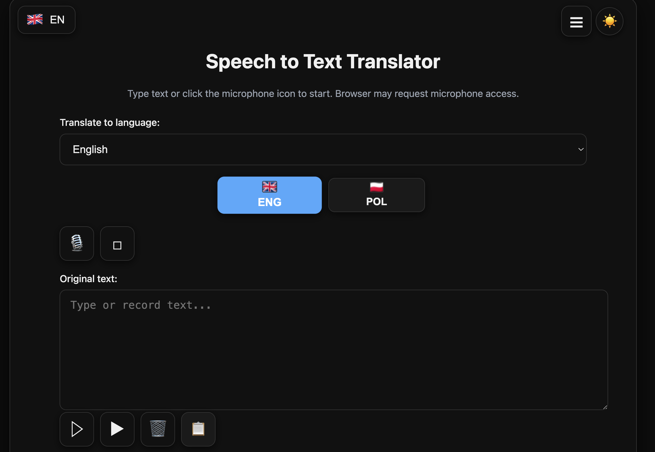 Speech to text and translate page